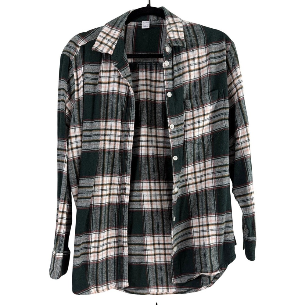 Old Navy Womens LS Boyfriend Flannel Plaid Shirt Green White Small Cabincore